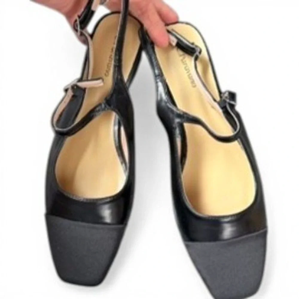 C.Paravano Slingback Flats Womens 40 Black Cap Toe Leather Square Toe Block Heel - Picture 2 of 8